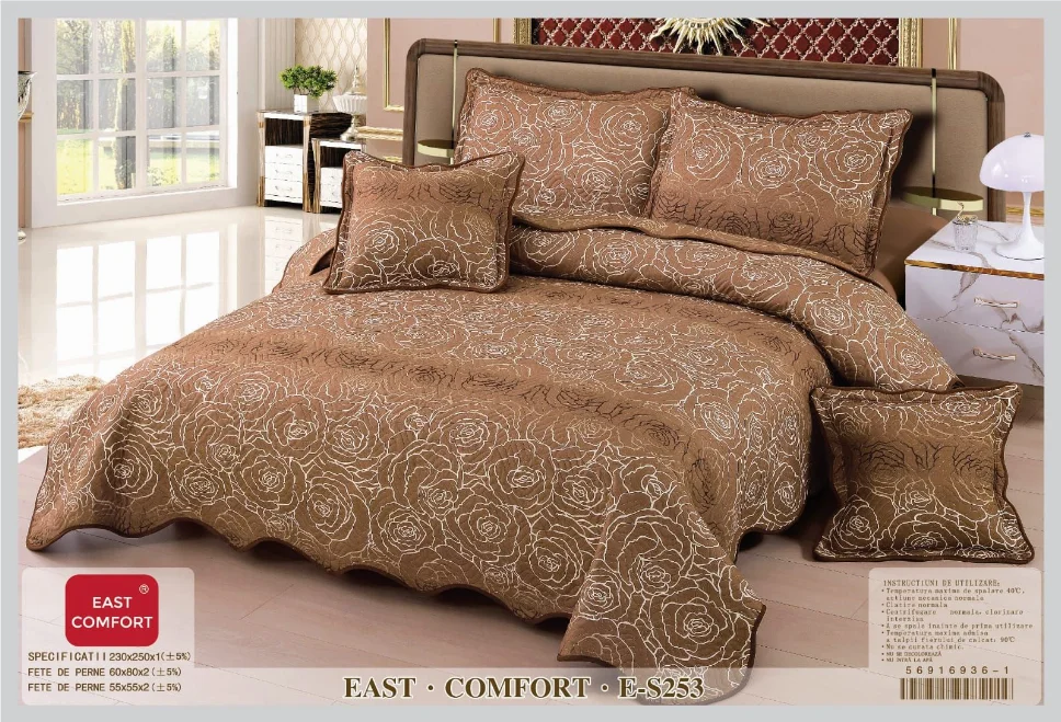 CUVERTURI - Cuvertura matlasata din bumbac 5 piese, maro cu trandafiri aurii-ES253