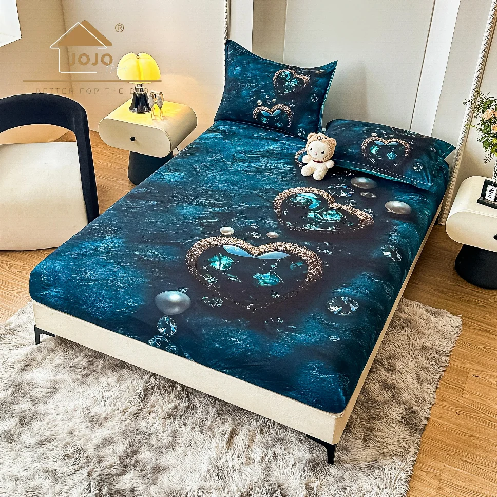 Huse de pat Finet 160x200 cm - Husa de pat cu Elastic 5D,160x200 cm, albastru cu inimi si perle-E6