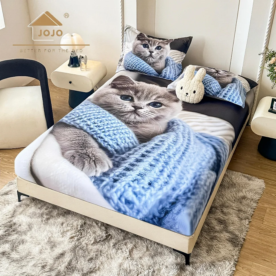 Huse de pat Finet 160x200 cm - Husa de pat cu Elastic 5D,160x200 cm, motan gri imbracat in tricot-E9