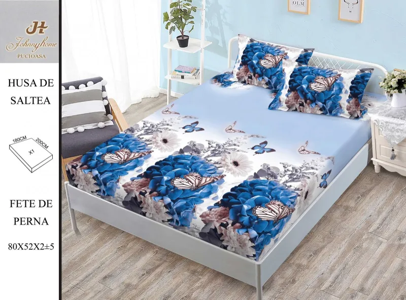 HUSE DE PAT - Husa de pat din Finet cu elastic+ 2 fete  de perna 180x200 ,Albatru Fluturi  -HG260