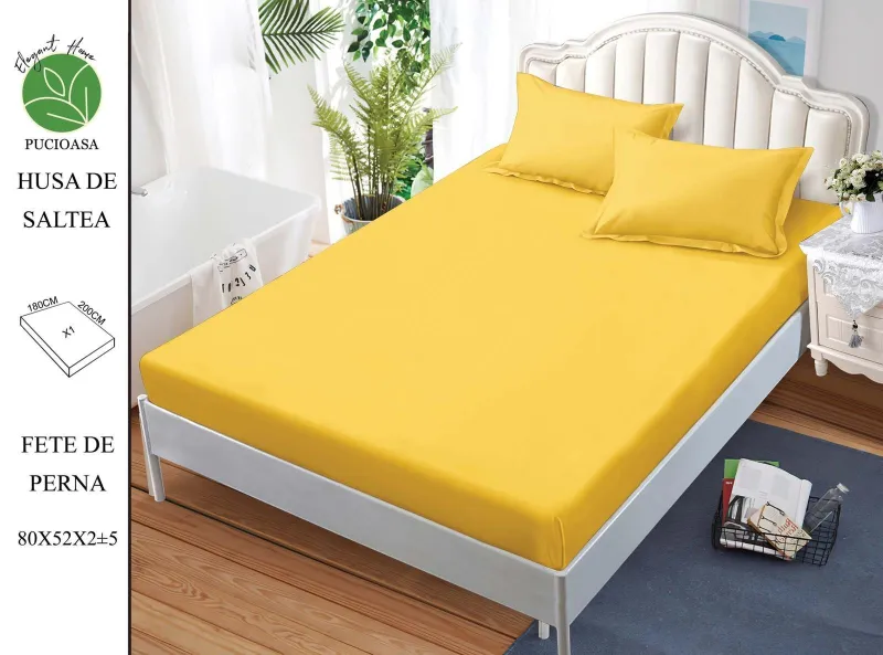 Huse de pat Finet 180x200 cm - Husa de pat din Finet cu elastic+ 2 fete  de perna 180x200 ,Galben-HG155