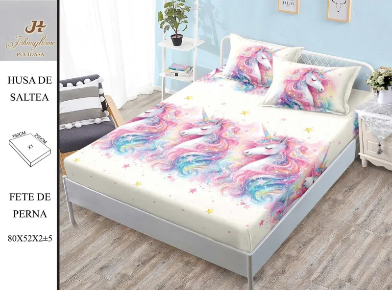 HUSE DE PAT - Husa de pat din Finet cu elastic+ 2 fete  de perna 180x200, Unicorni -HG250