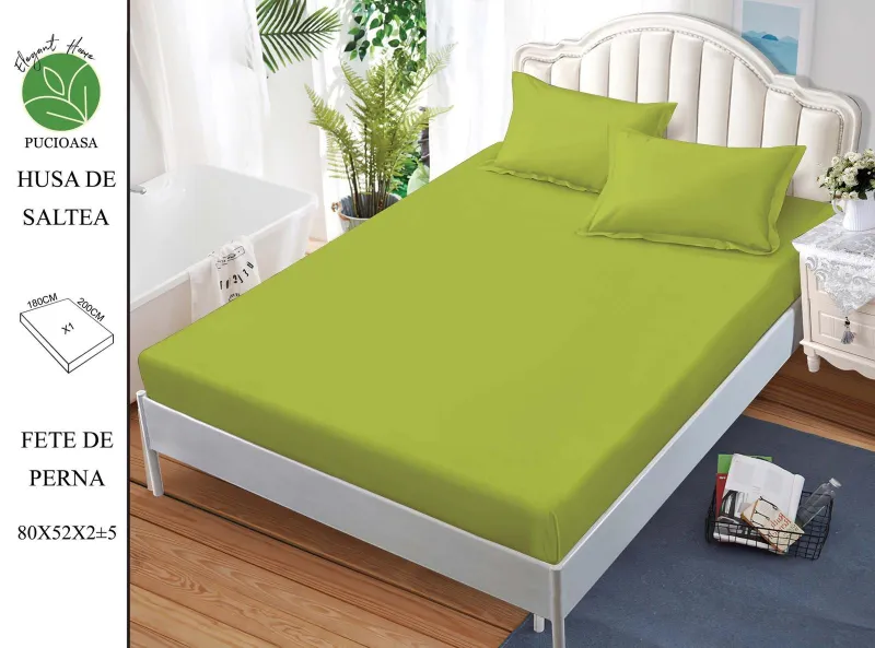 Huse de pat Finet 180x200 cm - Husa de pat din Finet cu elastic+ 2 fete  de perna 180x200 ,Verde Lemon-HG153