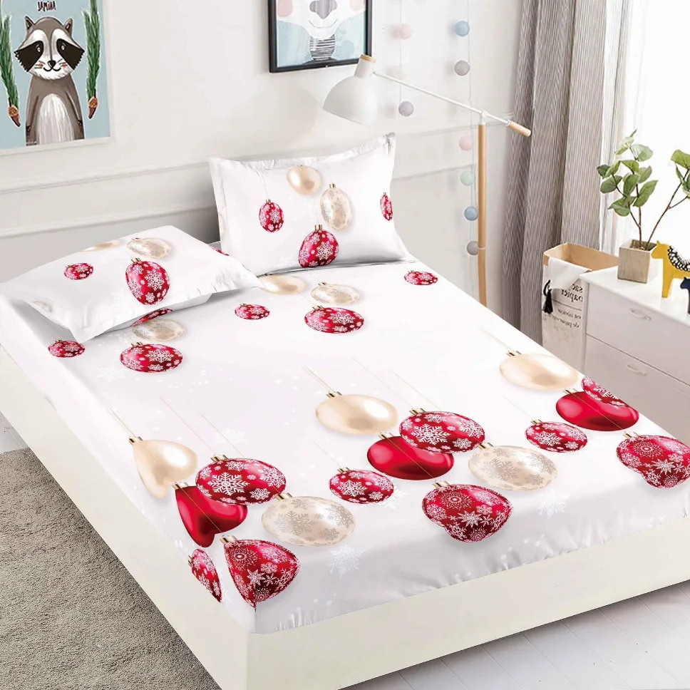 Huse de pat Mos Craciun - Husa de pat din Finet cu elastic, alb cu globuri rosii si aurii-HMJ20