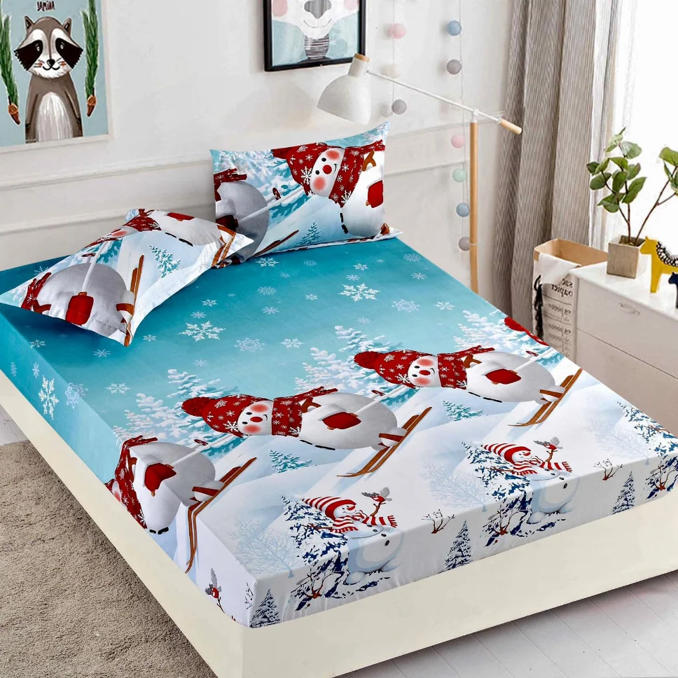 Huse de pat Mos Craciun - Husa de pat din Finet cu elastic, albastre cu om de zapada schiori-HMJ10