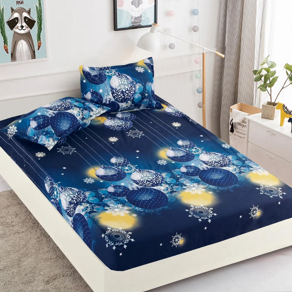 Huse de pat Mos Craciun - Husa de pat din Finet cu elastic, bleu marin cu globuri albe și galbene-HMJ26