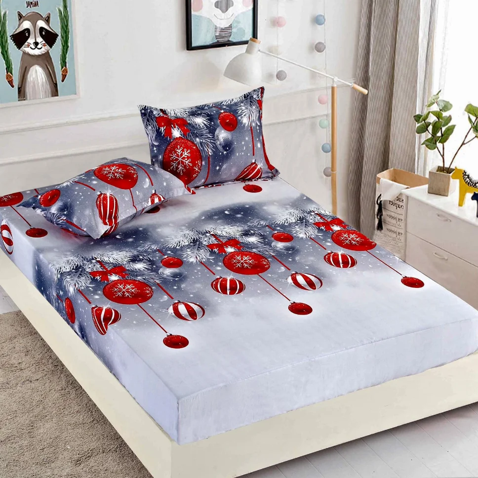 Huse de pat Mos Craciun - Husa de pat din Finet cu elastic, gri cu globuri rosii si fulgi-HMJ1