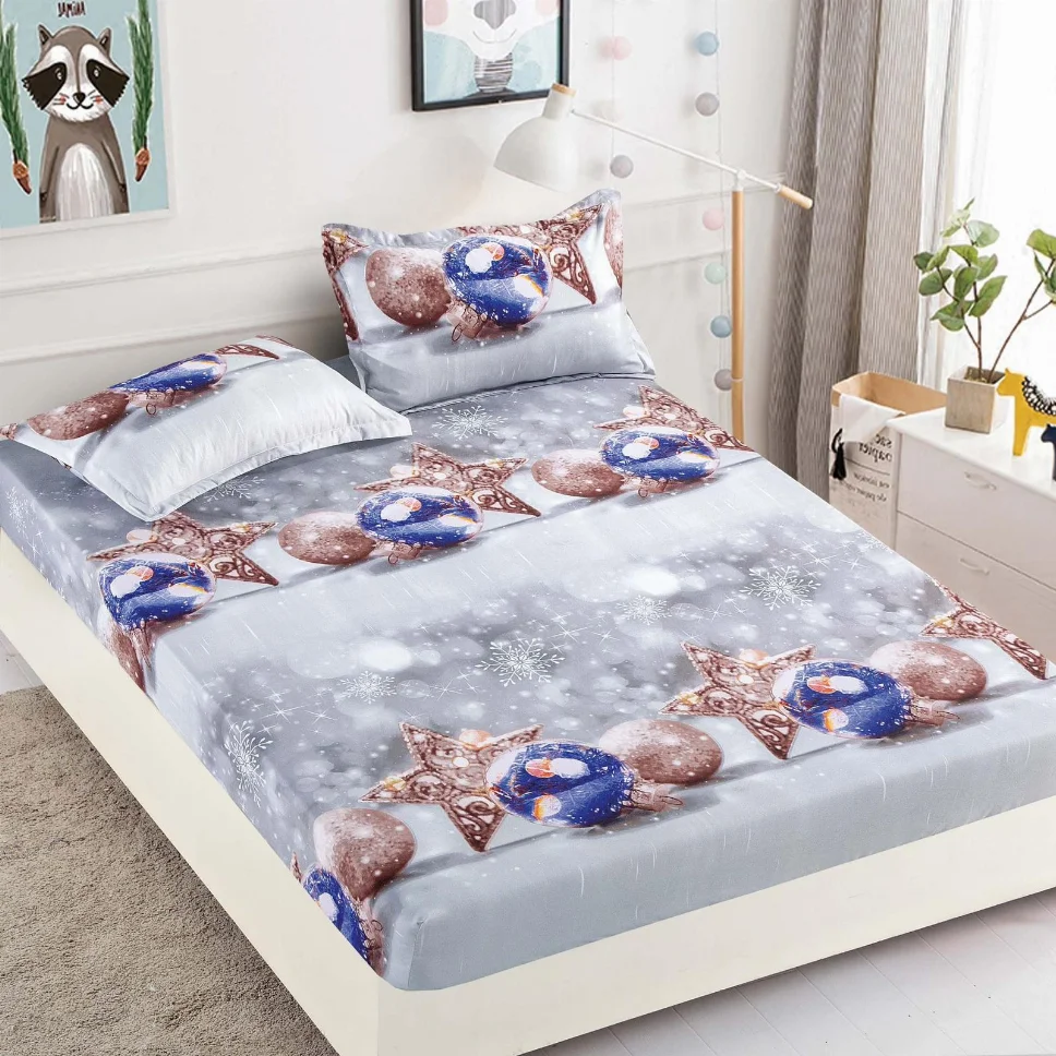 Huse de pat Mos Craciun - Husa de pat din Finet cu elastic, gri cu globuri și stele aurii-HMJ15