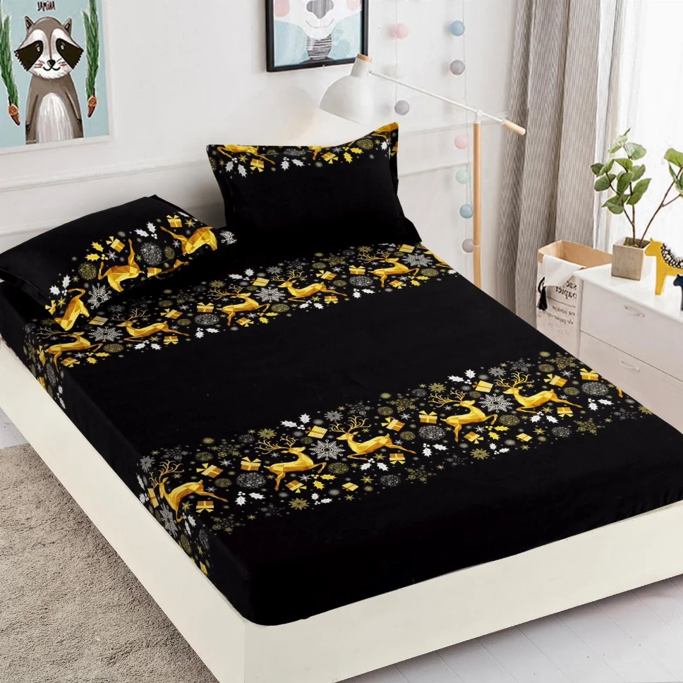 Huse de pat Mos Craciun - Husa de pat din Finet cu elastic, negru cu reni aurii-HMJ23