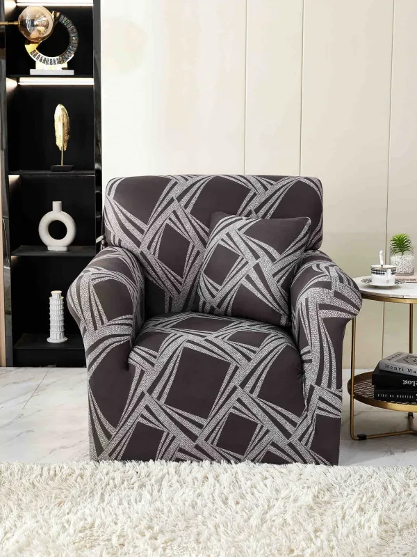 Huse de Fotolii - Husa Elastica pentru Fotoliu cu brate,Gri cu forme geometrice-S06