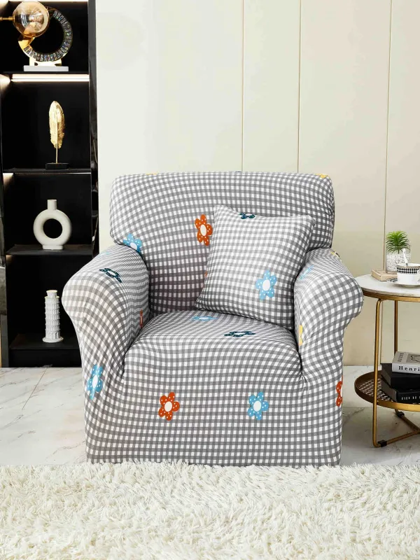 Huse de Fotolii - Husa Elastica pentru Fotoliu cu brate,Gri cu patratele si floricele colorate-S14