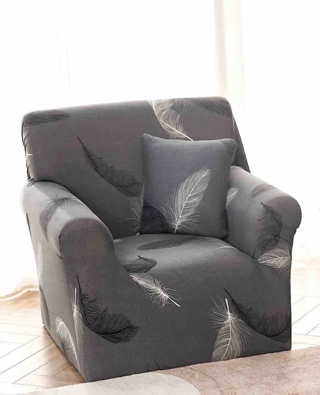 Huse de Fotolii - Husa Elastica pentru Fotoliu cu brate,Gri cu pene-S24