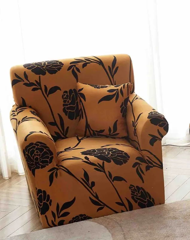 Huse de Fotolii - Husa Elastica pentru Fotoliu cu brate,Maro cu flori negre-S25