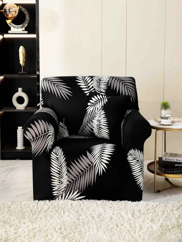 Huse de Fotolii - Husa Elastica pentru Fotoliu cu brate,Negru cu frunze albe -S07