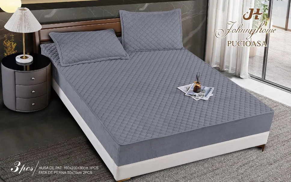 Huse Tip Topper 160x200 - Husa tip Topper cu elastic din catifea 160x200, matlasat gri uniform-TP6