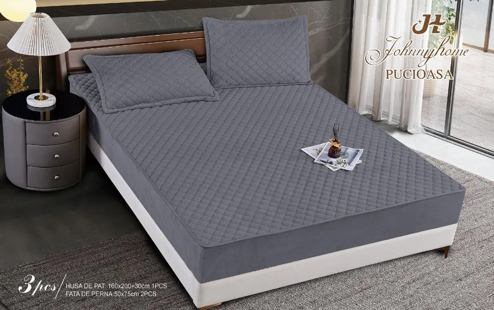 Huse tip Topper 180x200 - Husa tip Topper cu elastic din catifea 180x200, gri cu model matlasat-BB2