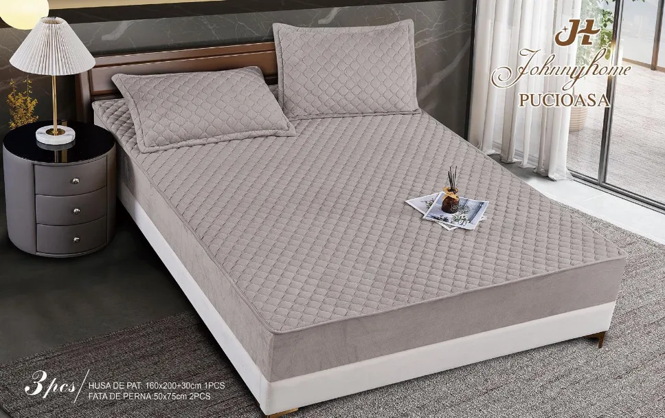 Huse tip Topper 180x200 - Husa tip Topper cu elastic din catifea 180x200, matlasat gri uni-BB9