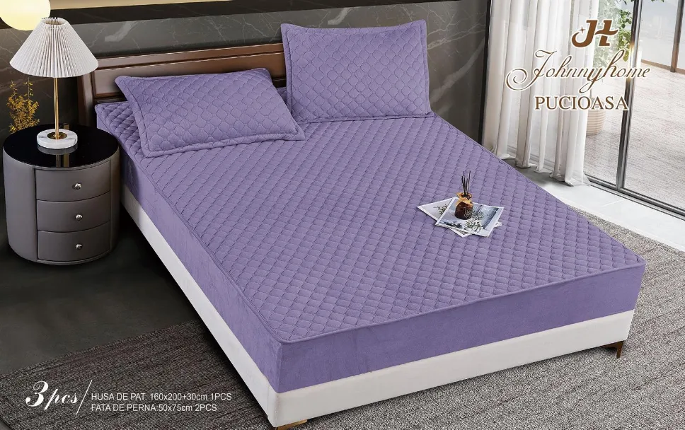 Huse tip Topper 180x200 - Husa tip Topper cu elastic din catifea 180x200, mov matlasat cu romburi discrete-BB12