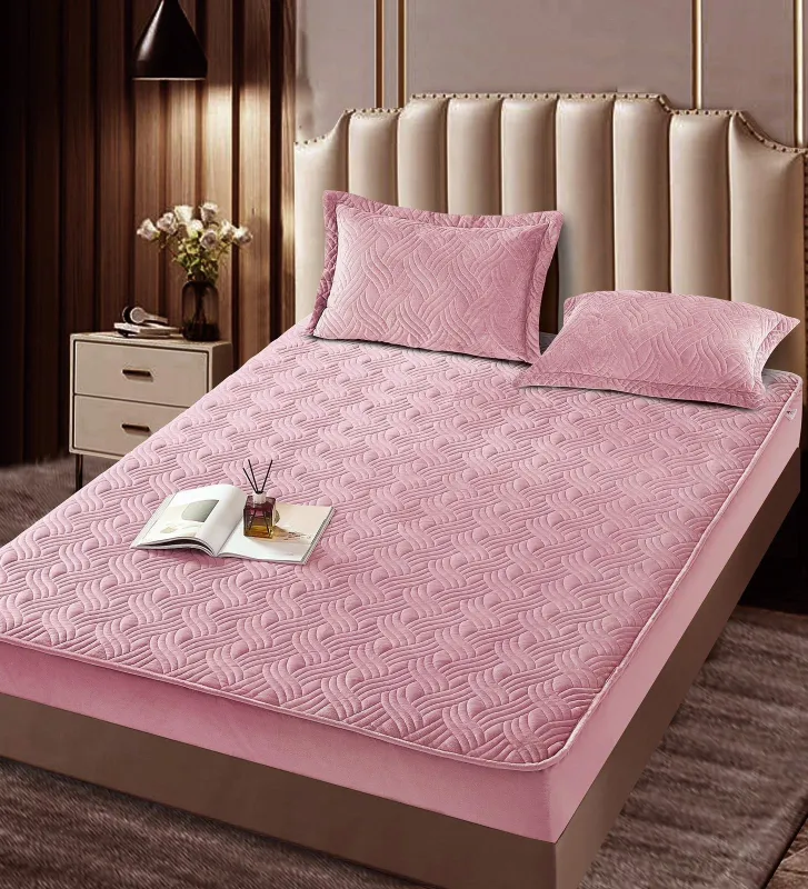Huse tip Topper 180x200 - Husa tip Topper cu elastic din catifea 180x200,Roz-TOP11