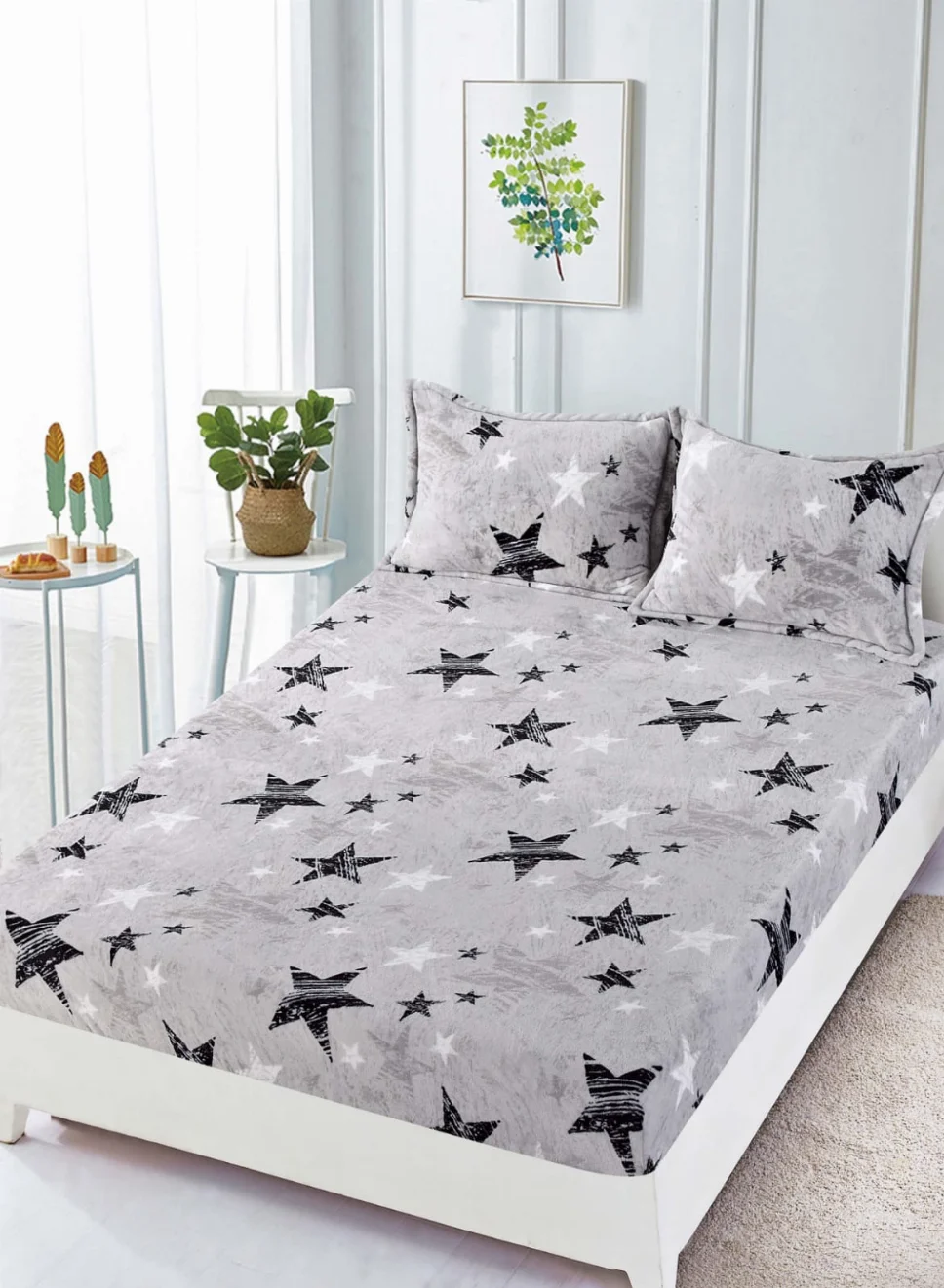 Huse de pat Cocolino 180x200 cm - Huse de pat cocolino 180x200 cm, gri cu stele negre si albe-HJC158