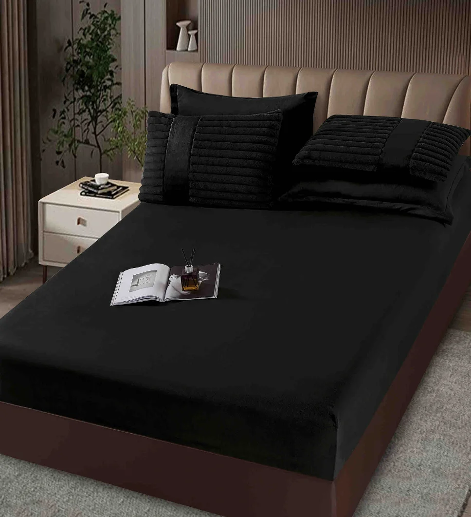 Lenjerie cu Pilota din Blanita artificiala de iepure si cearceaf cu elastic ,6 piese, negru cu striatii discrete-PBJ15 [2]