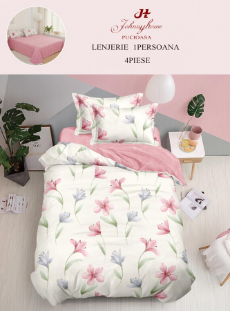 Lenjerii de pat 1 Persoana FINET - Lenjerie de pat 1 persoană 4 piese cu flori roz și albe-P147