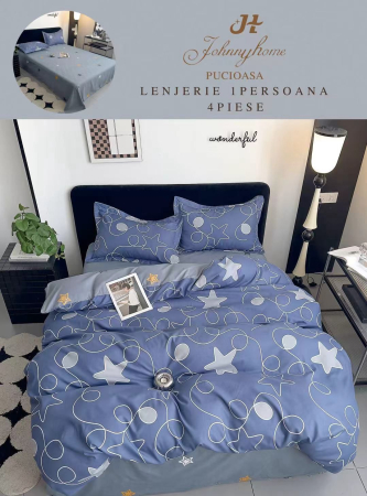 Lenjerii de pat 1 Persoana FINET - Lenjerie de pat 1 Persoana,4 piese,Finet.Albastru/gri cu model de steluțe și cercuri abstracte -P49
