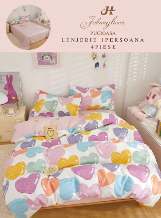 Lenjerii de pat 1 Persoana FINET - Lenjerie de pat 1 Persoana,4 piese,Roz,Inimioare colorate-P70