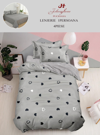 Lenjerii de pat 1 Persoana FINET - Lenjerie de pat 1 Persoana,4 piese,Gri cu Inimioare negre-P62