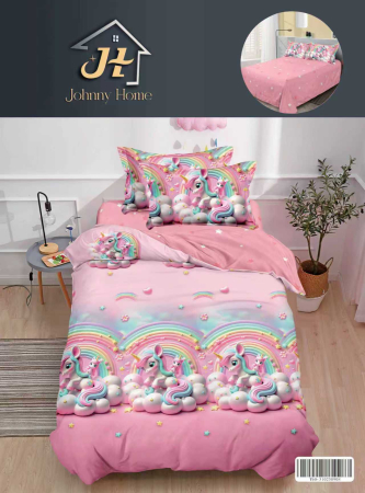 Lenjerii de pat 1 Persoana FINET - Lenjerie de pat 1 Persoana,4 piese Roz cu Unicorni si curcubeu-P67