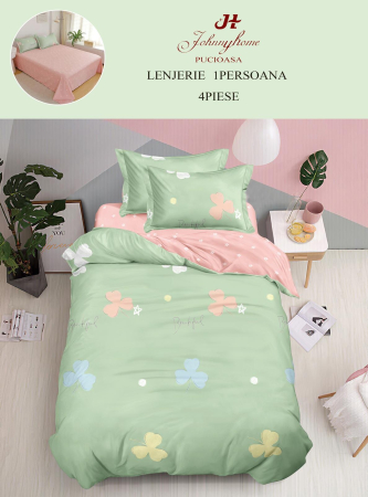 Lenjerii de pat 1 Persoana FINET - Lenjerie de pat 1 Persoana,4 piese Verde cu floricele roz-P80
