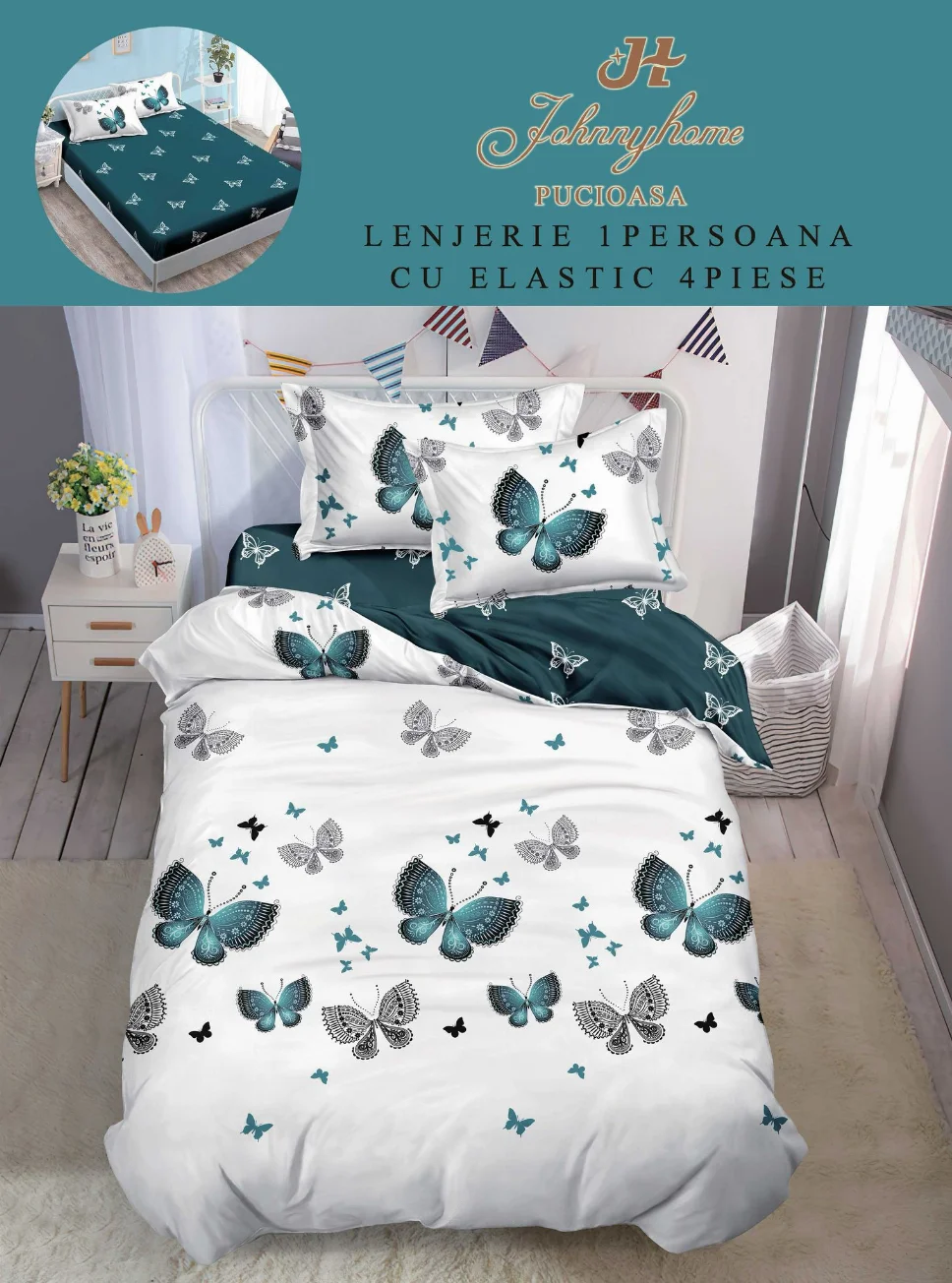 Lenjerii de pat 1 Persoana ELASTIC - Lenjerie de pat 1 Persoana, alb cu fluturi verzi si gri-YE142