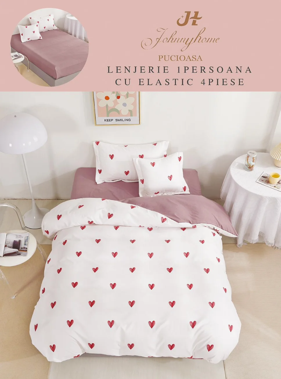 Lenjerii de pat 1 Persoana ELASTIC - Lenjerie de pat 1 Persoana, alb cu inimioare rosii-YE144