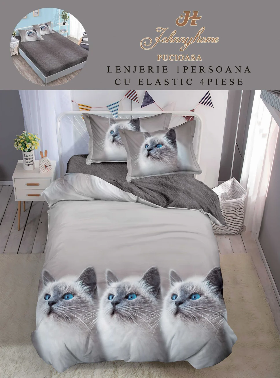 Lenjerii de pat 1 Persoana ELASTIC - Lenjerie de pat 1 Persoana, alb cu pisici gri și ochi albaștri-YE138