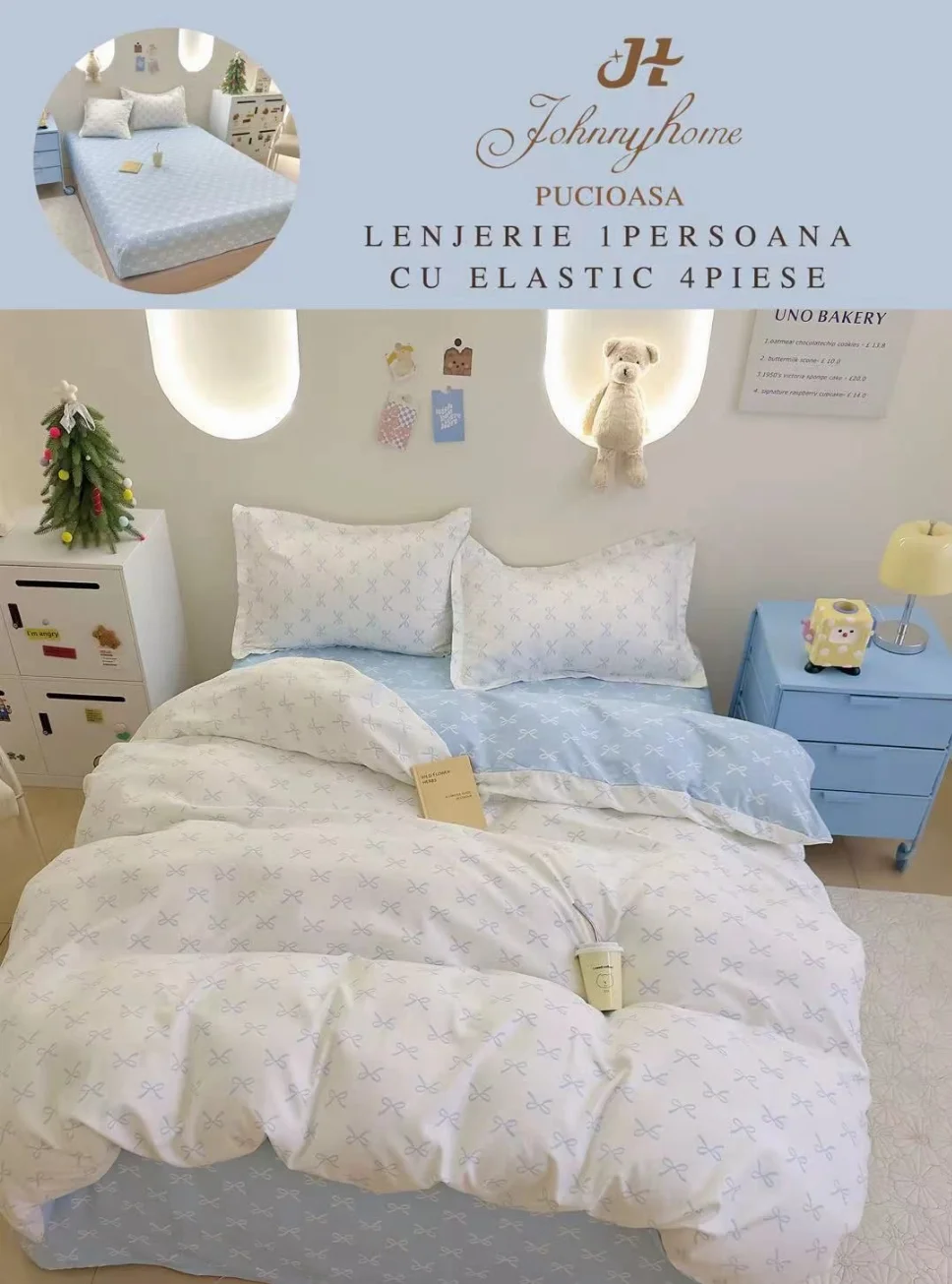 Lenjerii de pat 1 Persoana ELASTIC - Lenjerie de pat 1 Persoana, albastru cu fundite albe-YE141