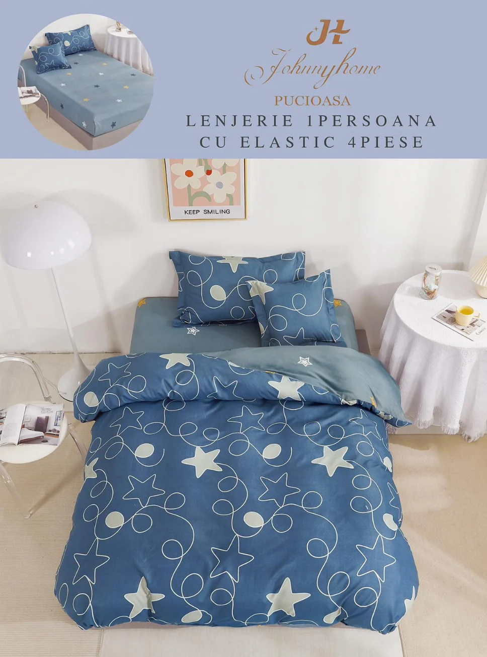 Lenjerii de pat 1 Persoana ELASTIC - Lenjerie de pat 1 Persoana, albastru cu stele albe-YE145