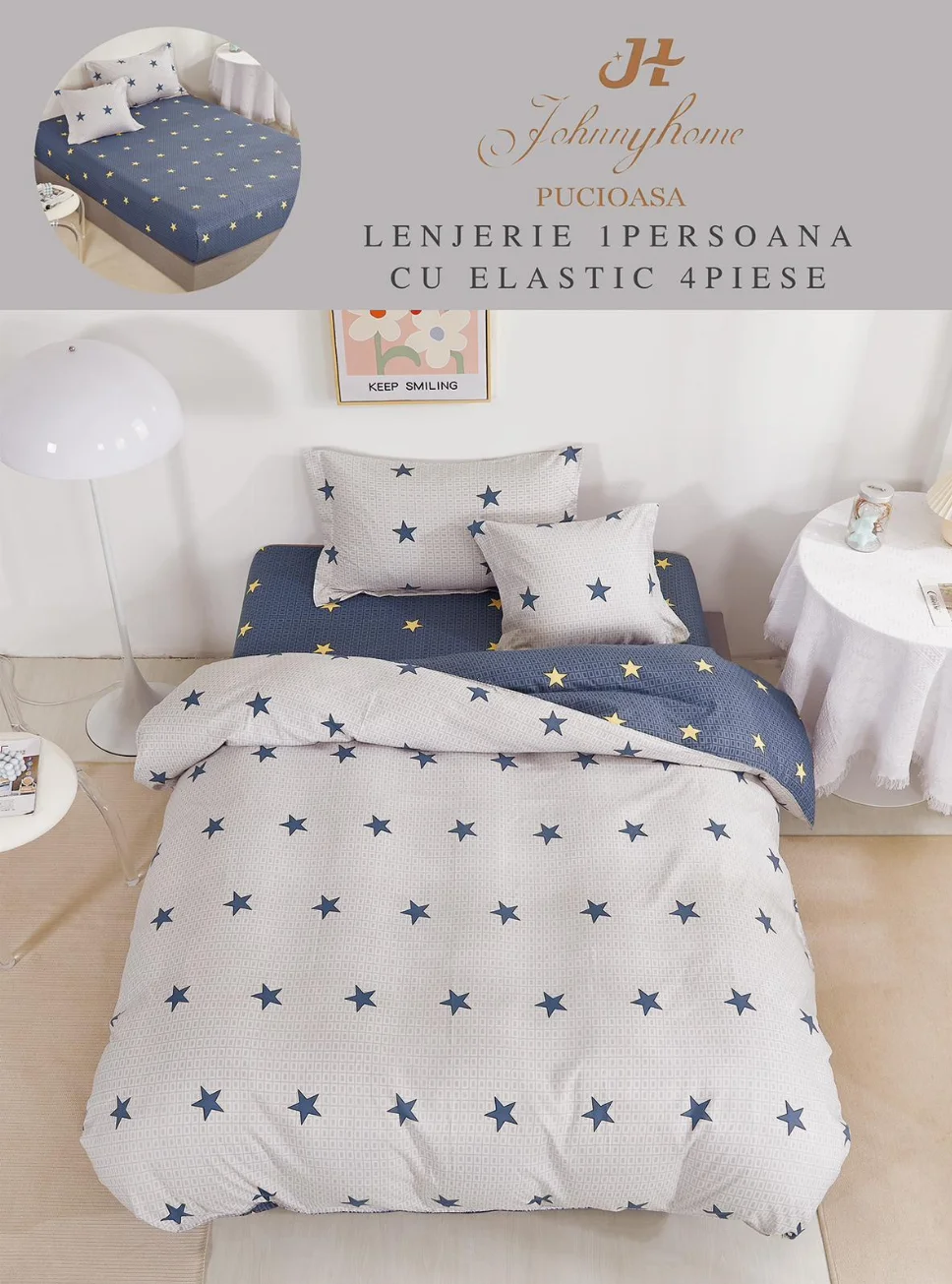Lenjerii de pat 1 Persoana ELASTIC - Lenjerie de pat 1 Persoana, albastru cu steluțe gri și galbene-YE149