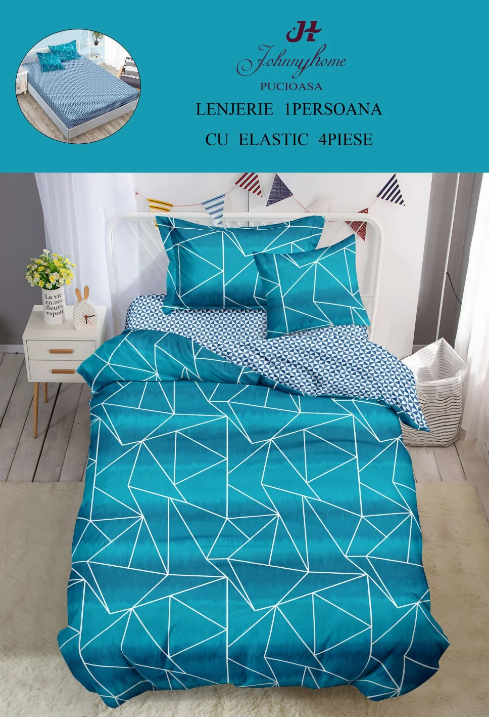 Lenjerii de pat 1 Persoana ELASTIC - Lenjerie de pat 1 Persoana, turcoaz cu linii albe geometrice-YE143