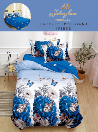 Lenjerii de pat 1 Persoana FINET - Lenjerie de pat 4 piese albastru cu fluturi și flori-P126