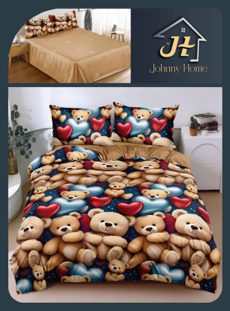 Lenjerii Bumbac Satinat - Lenjerie de pat 4 piese,bumbac satinat,Maro cu Ursuleti si Inimioare-BS707