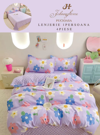 Lenjerii de pat 1 Persoana FINET - Lenjerie de pat 4 piese cu flori colorate pe fond mov-P139