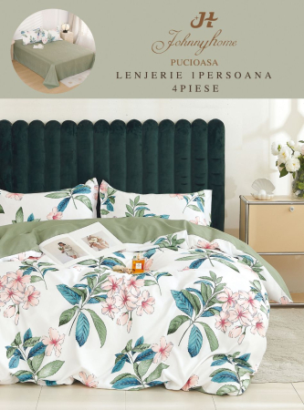 LENJERII DE PAT 1 PERSOANA & COPII - Lenjerie de pat 4 piese cu flori roz și frunze, culoare verde și alb-P86