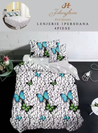 LENJERII DE PAT 1 PERSOANA & COPII - Lenjerie de pat 4 piese cu fluturi și pebble design alb-turcoaz-P90