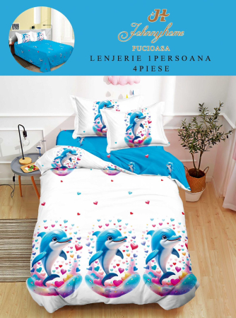Lenjerii de pat 1 Persoana FINET - Lenjerie de pat 4 piese cu imprimeu delfin și inimioare colorate-P128