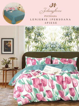 LENJERII DE PAT 1 PERSOANA & COPII - Lenjerie de pat 4 piese cu imprimeu lalele roz-P87