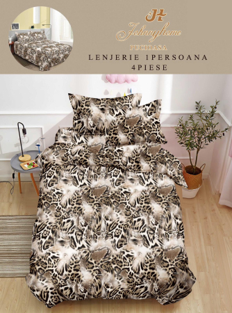 Lenjerii de pat 1 Persoana FINET - Lenjerie de pat 4 piese cu model animal print, tonuri negru și bej-P131