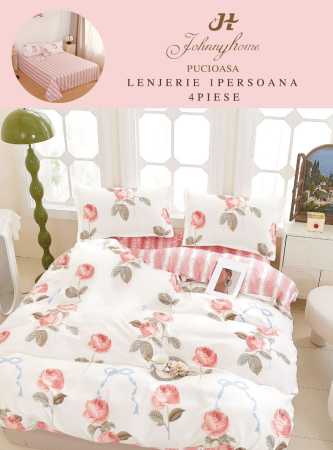 LENJERII DE PAT 1 PERSOANA & COPII - Lenjerie de pat 4 piese cu trandafiri roz pe fond alb-P85