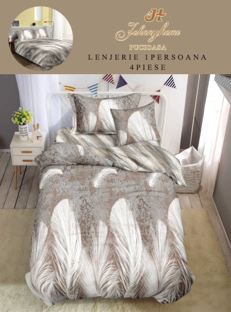 LENJERII DE PAT 1 PERSOANA & COPII - Lenjerie de pat 4 piese finet, model frunze gri si crem-P121