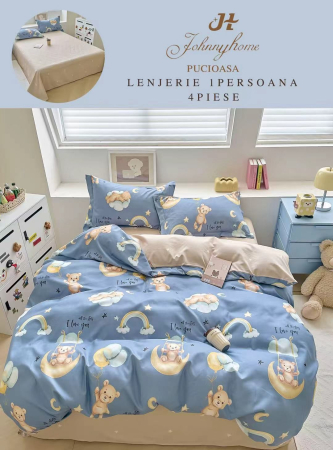 Lenjerii de pat 1 Persoana FINET - Lenjerie de pat 4 piese, finet, model ursuleti si luni, albastru-P138