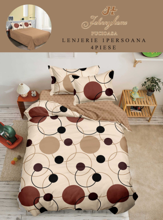 Lenjerii de pat 1 Persoana FINET - Lenjerie de pat 4 piese, model geometric cu cercuri, bej și maro-P143